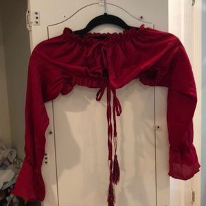 Red tie front long sleeve crop top